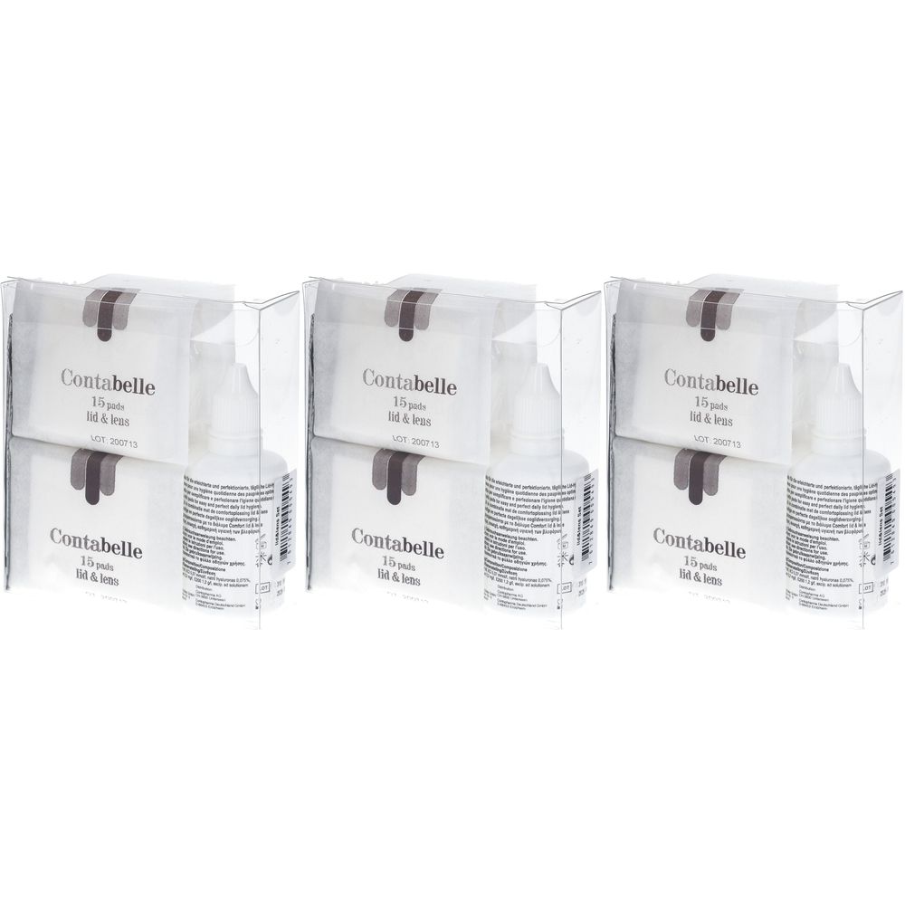 Trois emballages Contabelle Comfort Lid & Lens. Chaque emballage contient des tampons et un flacon. Emballage transparent.