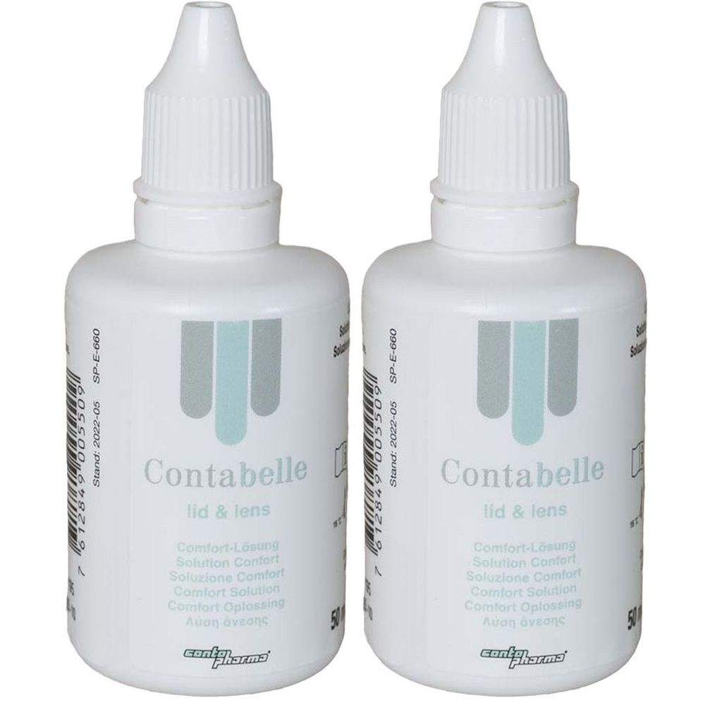 Zwei weiße Flaschen mit Tropfverschluss. Aufschrift: Contabelle lid & lens. Mehrsprachige Angaben. 50 ml.