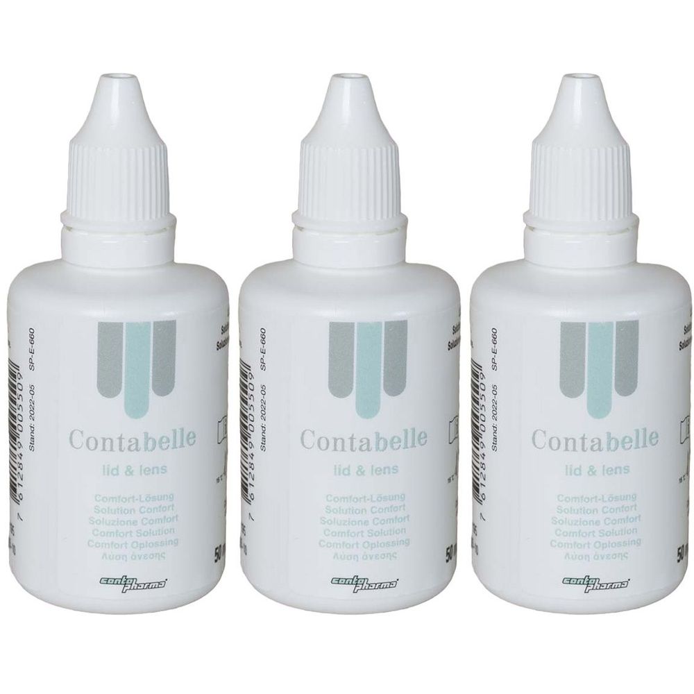 Drei weiße Flaschen mit Dosieraufsatz. Aufschrift: Contabelle lid & lens. Graue und türkise Streifen. contopharma® Logo.