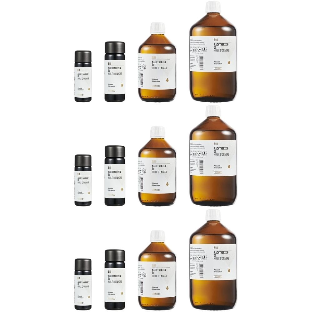 Mehrere Flaschen und kleine Fläschchen. Aufschrift: Bio-Nachtkerzenöl. Braune Glasflaschen mit weißen Etiketten und schwarzen Deckeln.