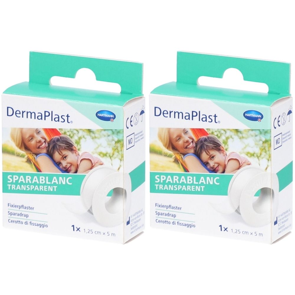Zwei Packungen DermaPlast Sparablanc Transparent. Jede Packung enthält eine Rolle Fixierpflaster, 1,25cm x 5m.