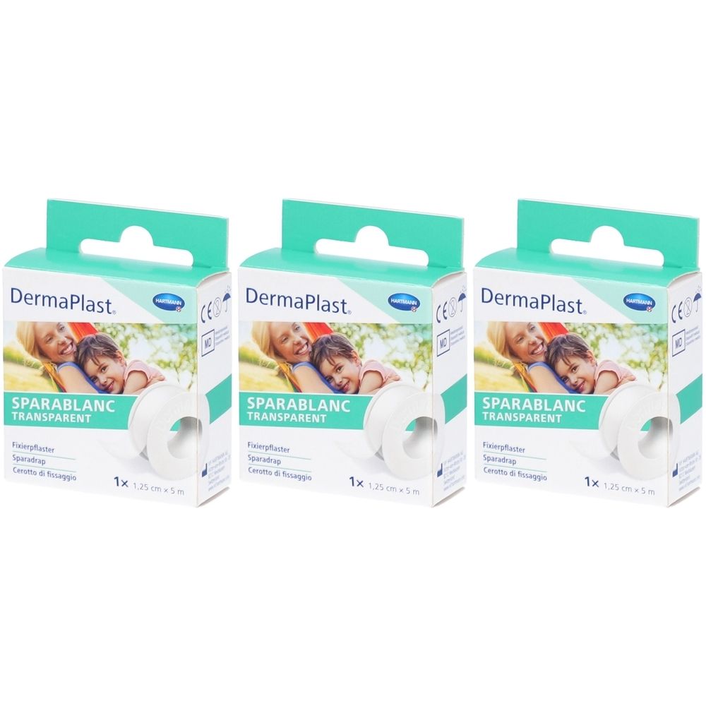 Drei Packungen Sparablanc Transparent. Jede Packung zeigt ein weißes Klebeband, 1,25 cm x 5 m. DermaPlast-Logo und Produktname sind sichtbar.