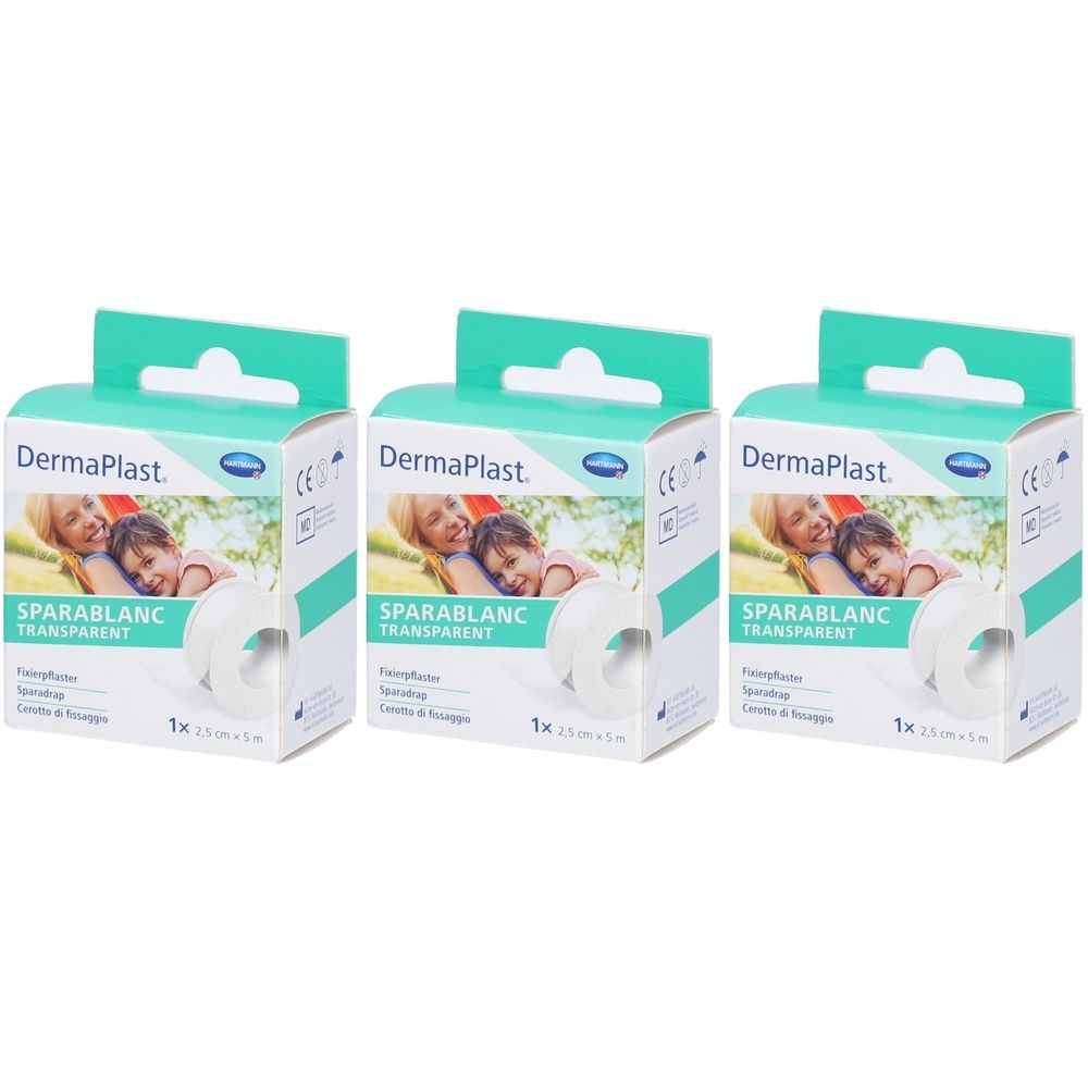 Drei Packungen Sparablanc Transparent. Jede Packung zeigt ein weißes Klebeband. Aufdruck: DermaPlast, Sparablanc Transparent.