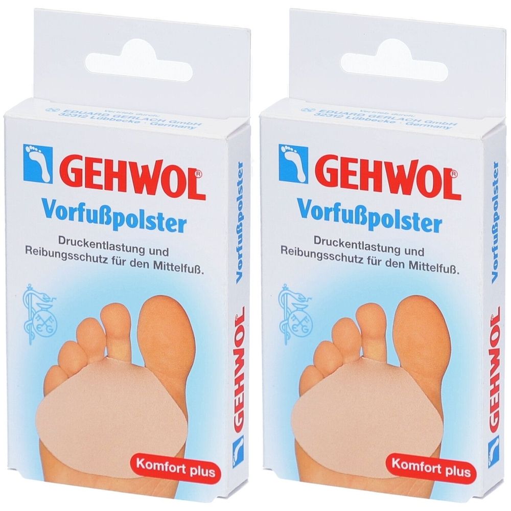 Zwei Kartons mit Vorfußpolstern. Aufdruck: GEHWOL, Vorfußpolster, Druckentlastung und Reibungsschutz. Komfort plus. Produktabbildung mit Fuß.