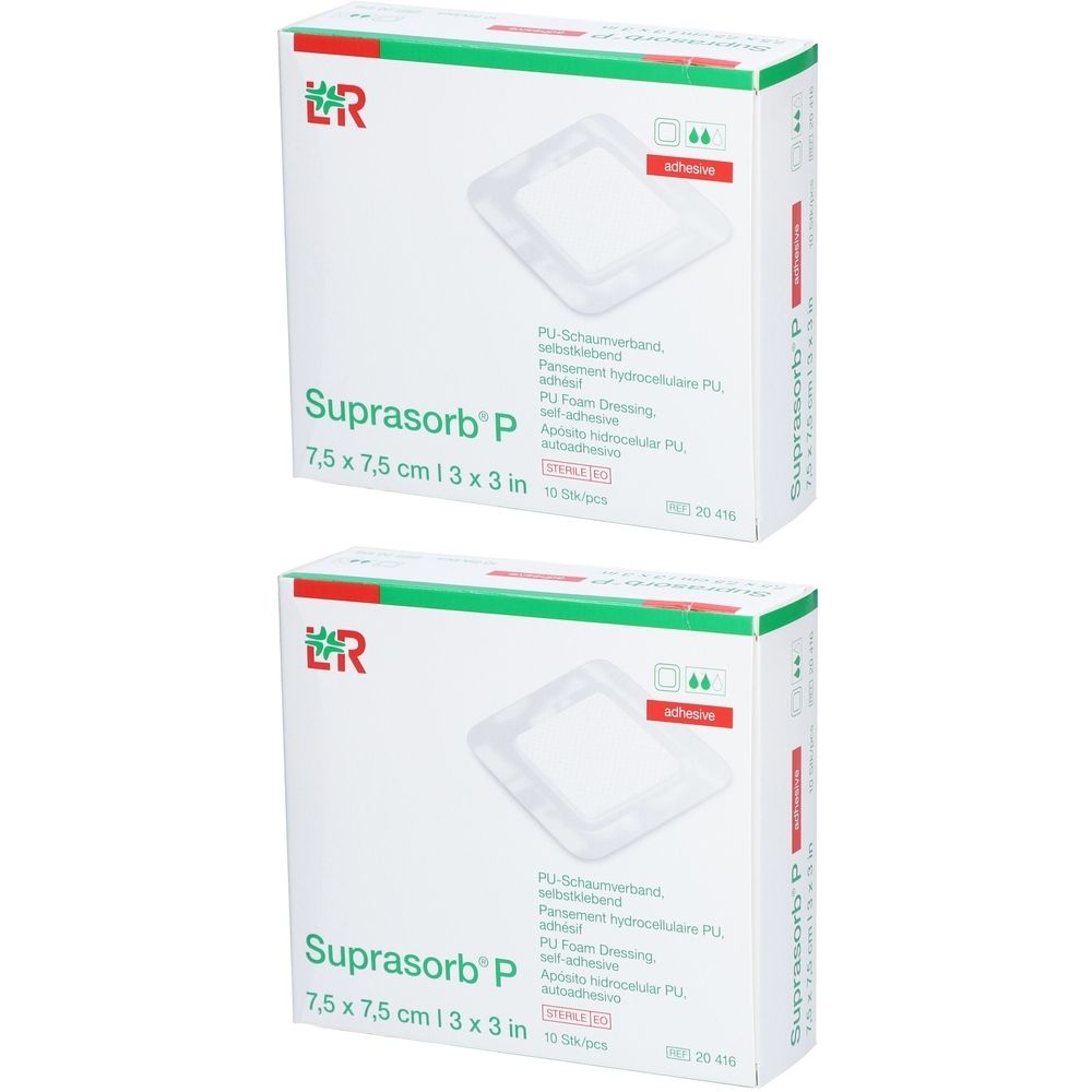 Zwei Schachteln Suprasorb P, 7,5 x 7,5 cm. Weiße Verpackung mit grünem Akzent. Produktname und Größe deutlich sichtbar.