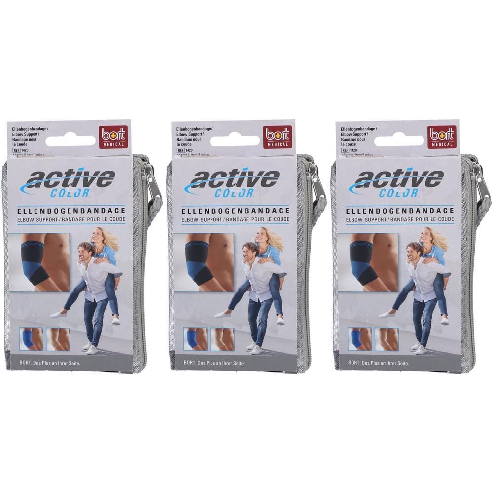 Trois paquets de bandage de coude BORT ActiveColor gris.