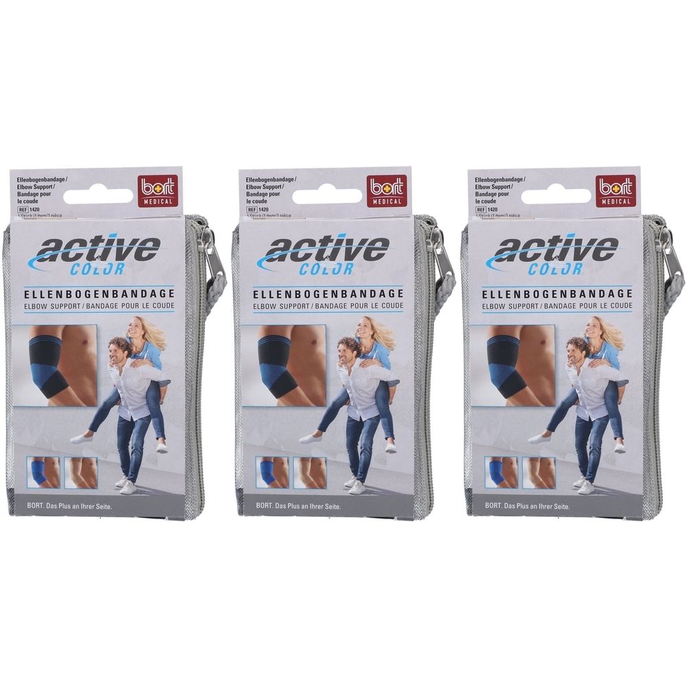 Trois étuis gris avec des coudières BORT ActiveColor. Inscription : active color, coudière, illustrations.