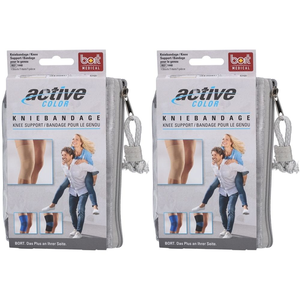 Zwei BORT ActiveColor Kniebandagen in einer grauen Tasche. Auf der Verpackung: Produktname, Logo und Abbildung einer Kniebandage.