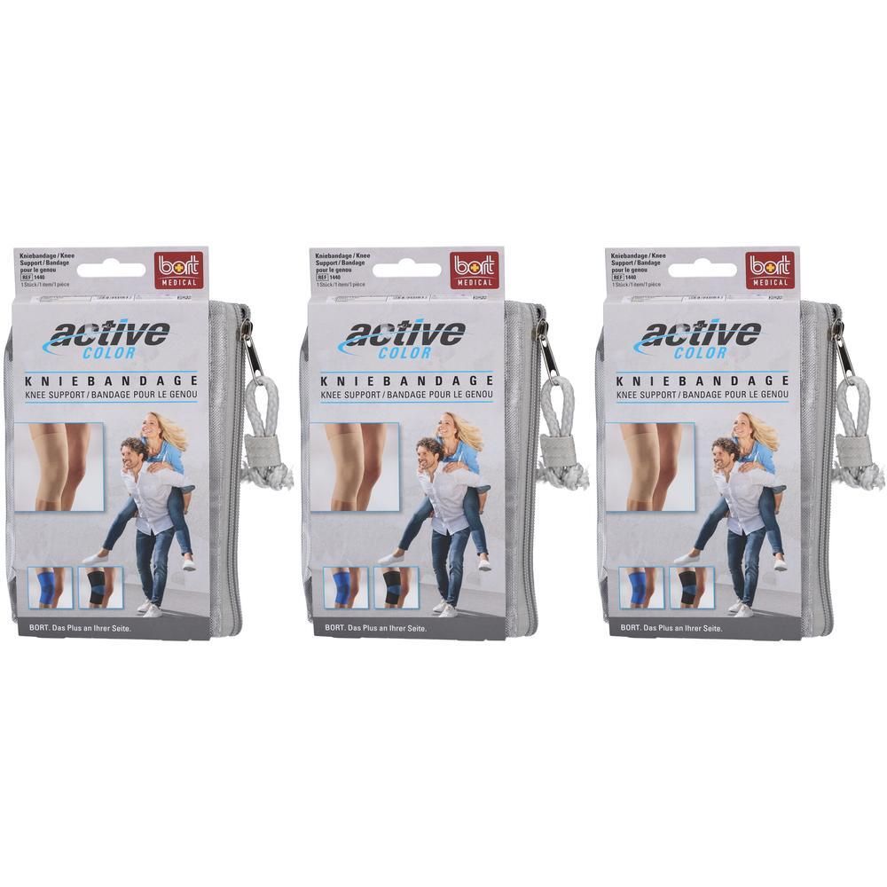 Trois paquets de genouillères BORT ActiveColor grises. Chaque paquet montre une femme assise sur le dos d'un homme et des options de couleur.