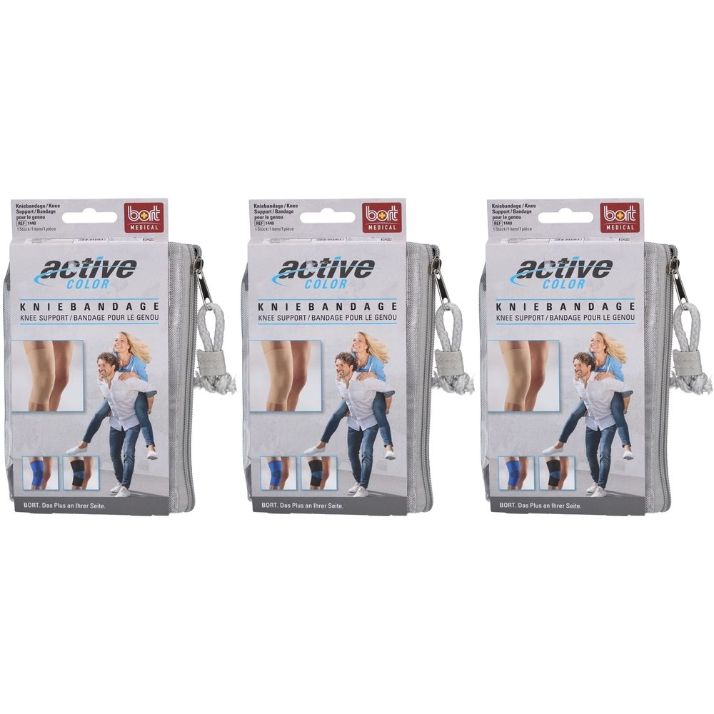 Drei BORT ActiveColor Kniebandagen in Verpackung. Aufdruck: active color, Kniebandage, Knie Support.