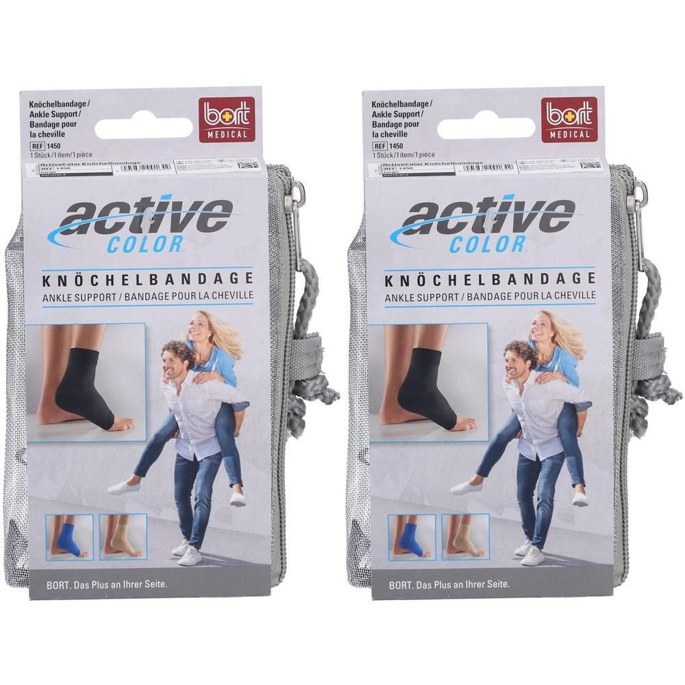 Deux genouillères BORT ActiveColor® noires, emballées dans des boîtes avec illustrations et un sac en filet gris.