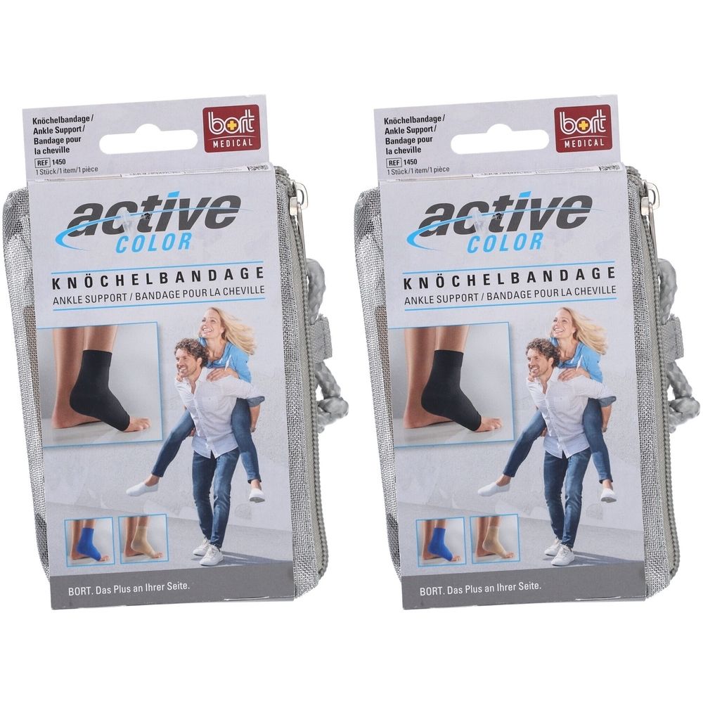 Deux attelles de cheville BORT ActiveColor en emballage. Inscription: active COLOR, Knöchelbandage, Ankle Support. Pochette grise avec fermeture éclair.
