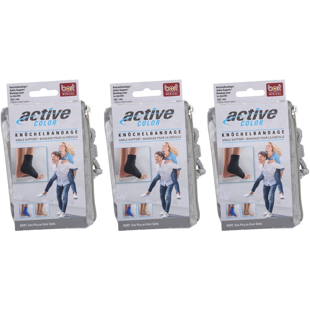 Trois paquets de bandages de cheville. Chaque paquet porte la mention "active color Knöchelbandage". Le bandage est noir. Une paire est illustrée sur l'emballage.