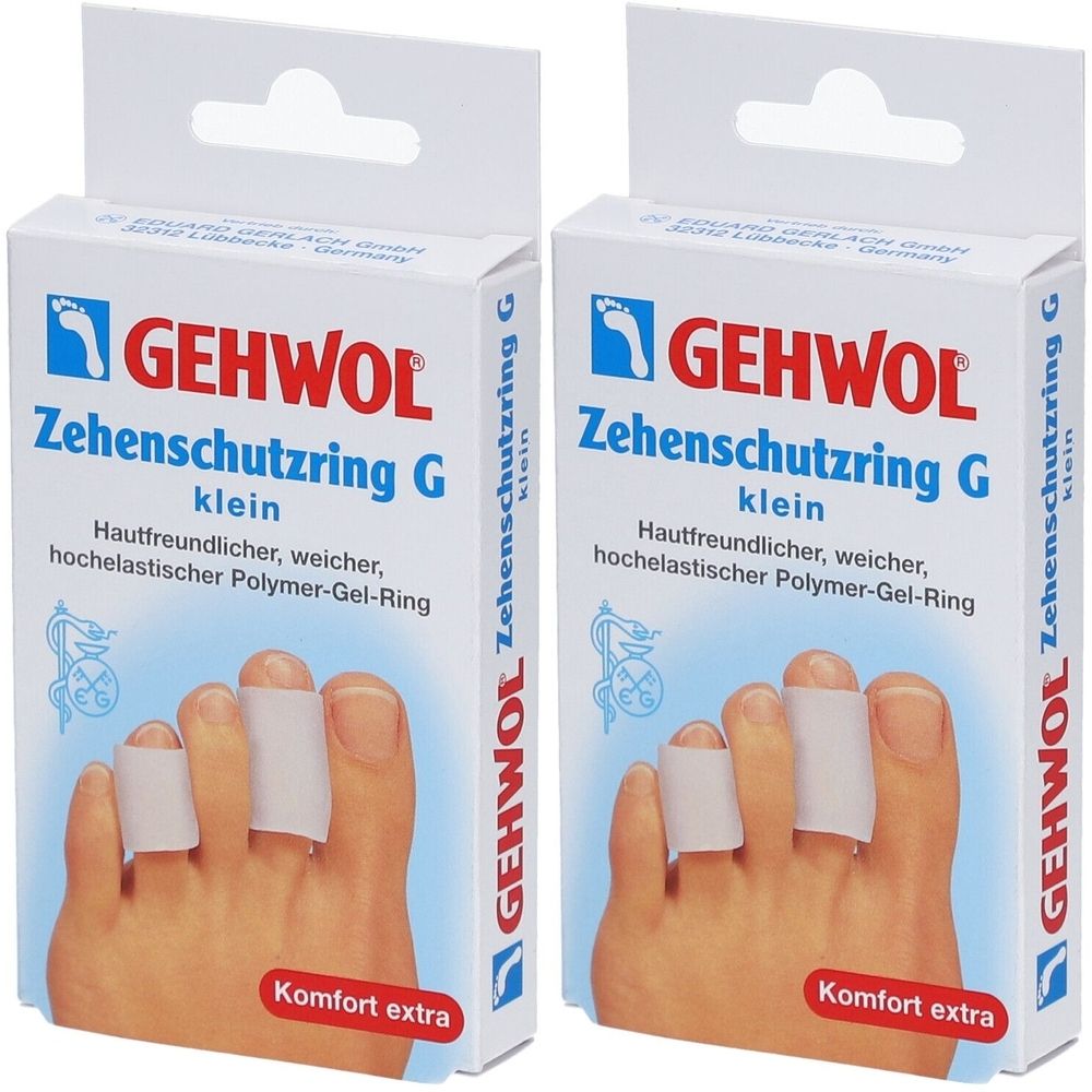 Zwei Packungen GEHWOL Zehenschutzring G klein. Weiße Verpackung mit Produktbezeichnung und Fuß-Illustration. Zehenringe auf Füßen.