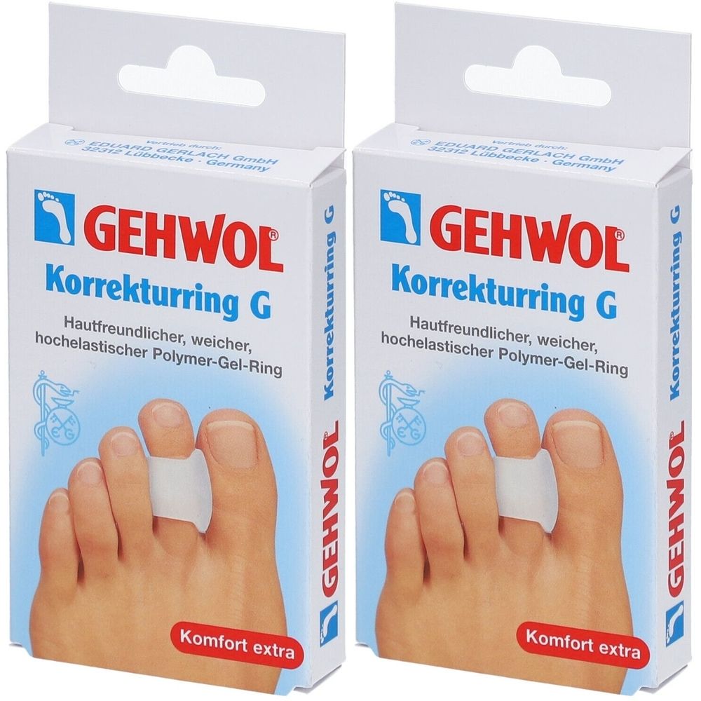 Zwei weiße Schachteln mit GEHWOL Korrekturring G. Aufschrift: Hautfreundlicher, weicher, hochelastischer Polymer-Gel-Ring. Zehen mit Ring.