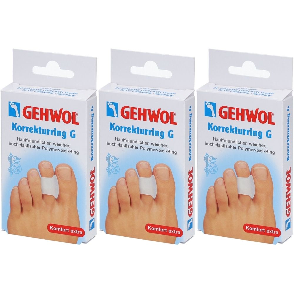 Drei Schachteln mit GEHWOL Korrekturring G. Jede Schachtel zeigt einen Fuß mit einem weißen Polymer-Gel-Ring. Text: Komfort extra.