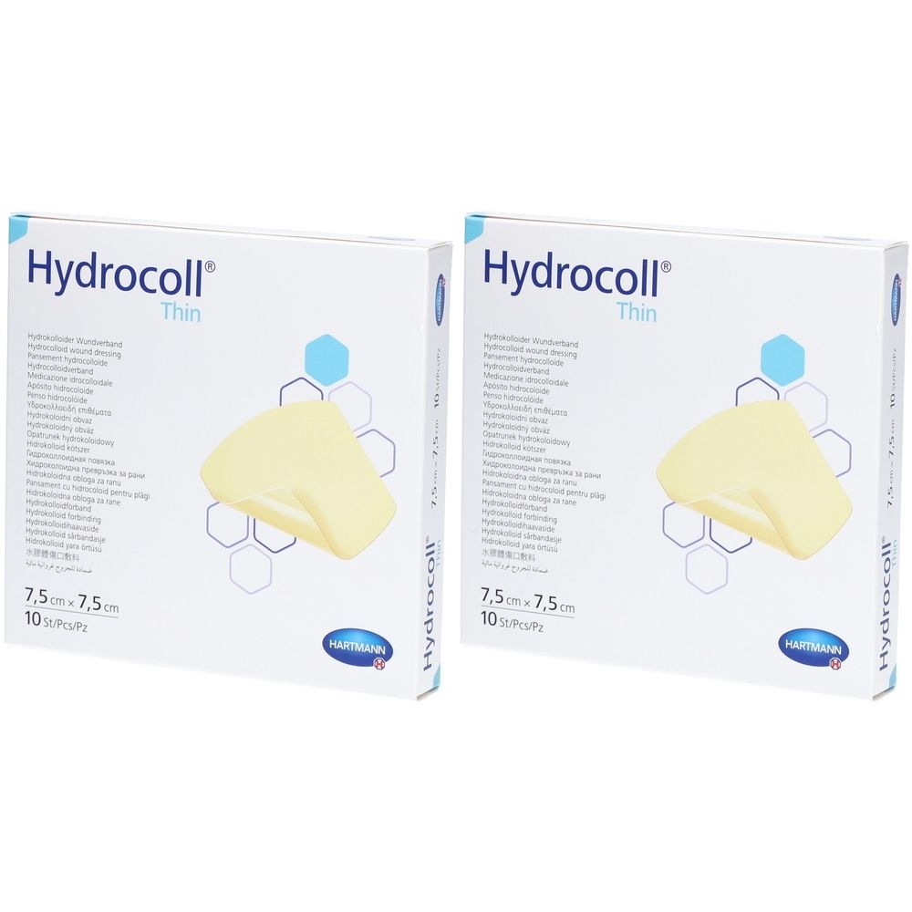 Deux boîtes Hydrocoll Thin. Inscription : 7,5 x 7,5 cm, 10 pièces. Logo Hartmann. Un pansement est visible.