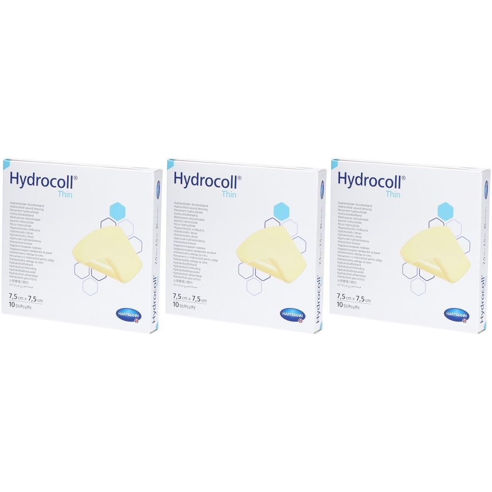 Trois boîtes de Hydrocoll Thin. Chaque boîte montre un pansement et contient 10 pièces. Taille 7,5 x 7,5 cm. Éléments bleus et jaunes.
