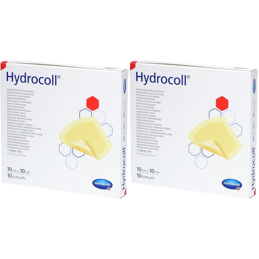 Zwei Kartons Hydrocoll® 10 cm x 10 cm. Aufdruck: Hydrocoll®, Hartmann. Gezeigt ist ein Wundverband.