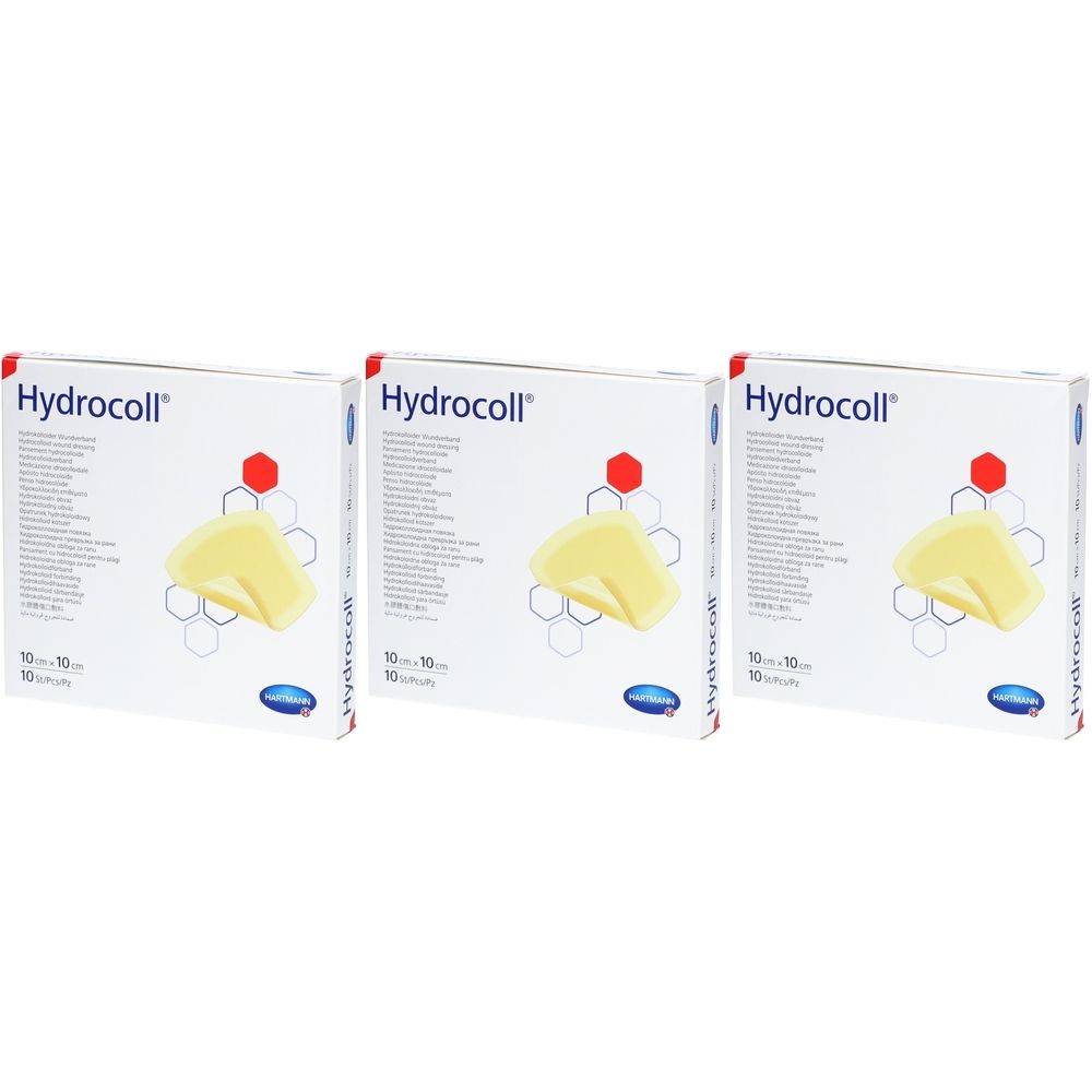 Drei Schachteln Hydrocoll. Jede Schachtel zeigt ein gelbes Wundkissen und Produktinformationen. Aufdruck: Hydrocoll, 10 x 10 cm.