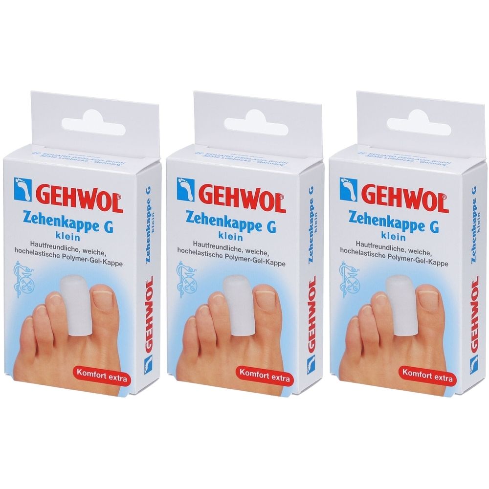 Drei Schachteln mit GEHWOL Zehenkappe G klein. Jede Schachtel zeigt ein Produktbild und Text. Aufschrift: Komfort extra.