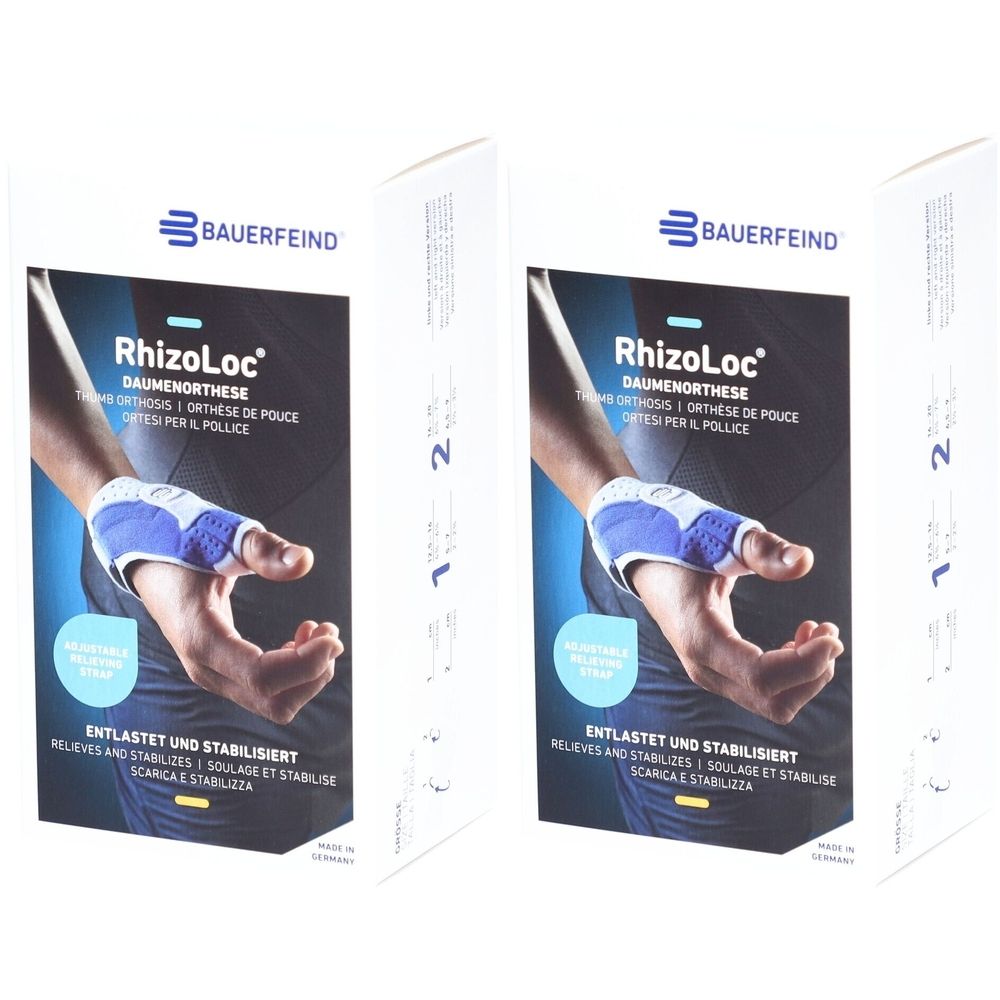 Zwei Verpackungen der BAUERFEIND RhizoLoc Daumenorthese. Weißer Karton mit Produktabbildung und Beschriftung. Größe 2.