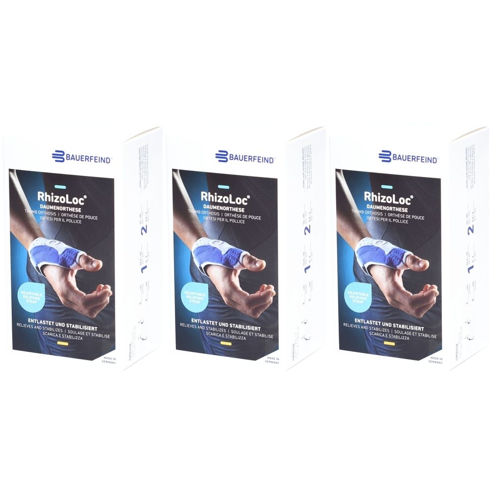 Drei Produktverpackungen der BAUERFEIND® RhizoLoc® Daumenorthese. Die Verpackung zeigt eine Hand mit der Orthese. Text: RhizoLoc, Daumenorthese.