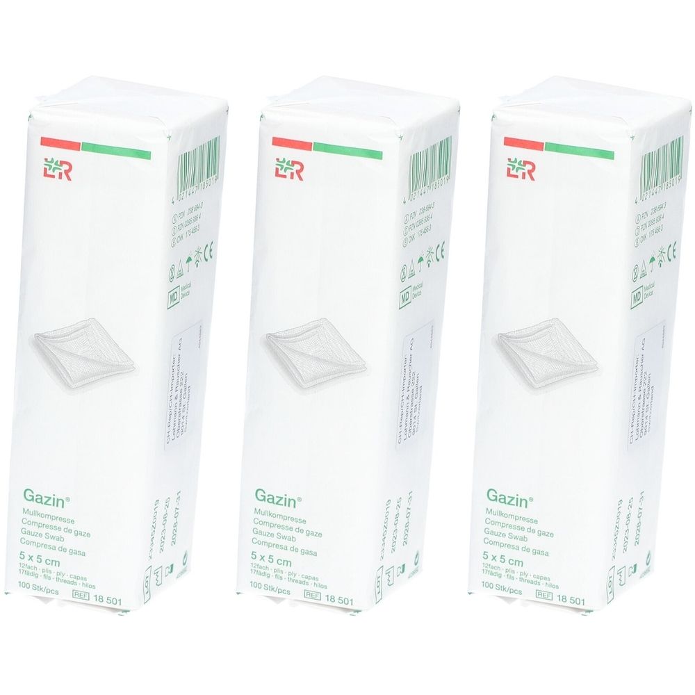 Drei Packungen Gazin Mullkompressen. Aufdruck: 5x5 cm. Grün-rotes Logo. Barcode und weitere Informationen.