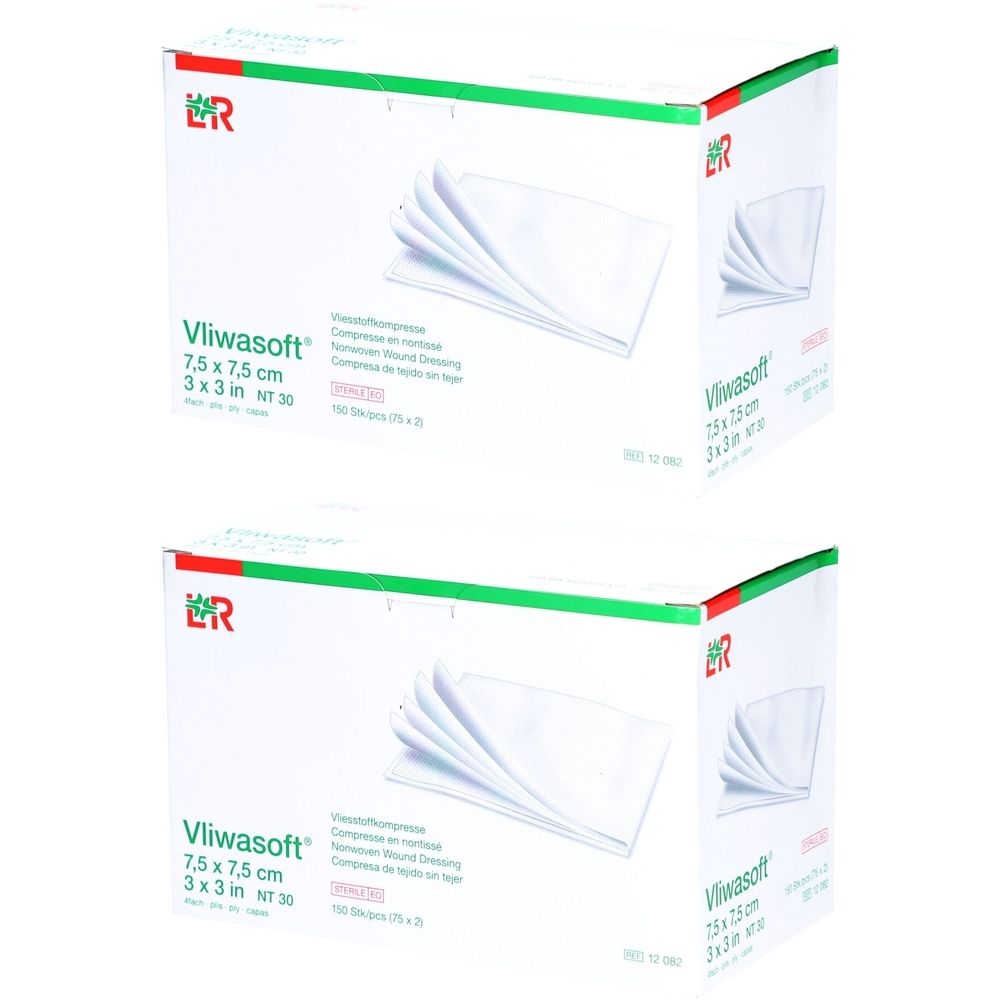 Zwei Kartons Vliwasoft Kompressen. Aufdruck: 7,5 x 7,5 cm, 3 x 3 in. Gezeigt sind weiße Kompressen.