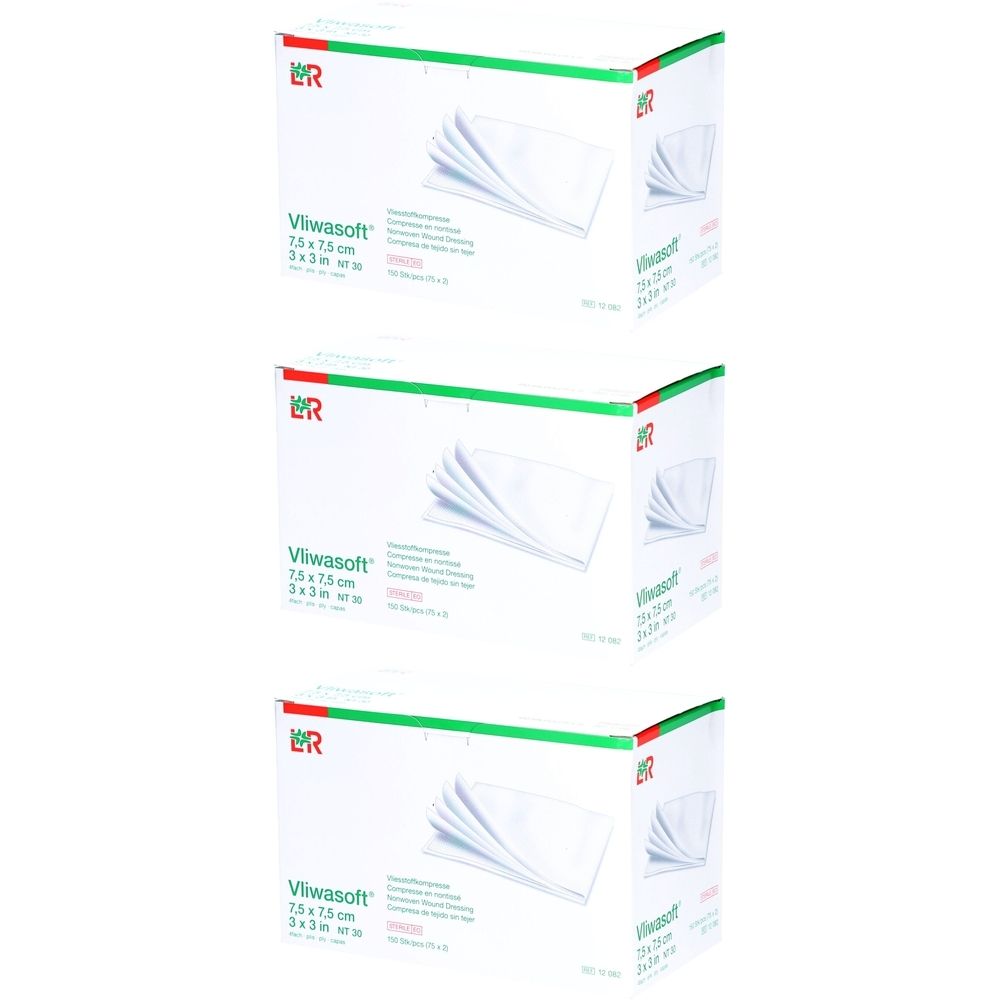 Verpackung mit Vliwasoft Vliesstoffkompressen. 7,5 x 7,5 cm, steril. Mehrere Packungen gestapelt.