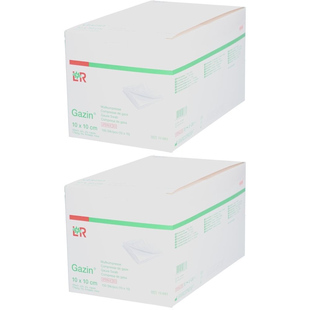 Zwei weiße Kartons mit grünen und roten Akzenten. Aufdruck: Gazin 10 x 10 cm. Medizinprodukt.