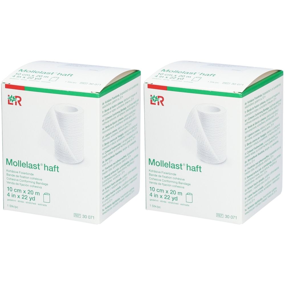 Zwei weiße Boxen mit grünen Akzenten. Aufdruck: Mollelast haft, 10 cm x 20 m. Gezeigt wird eine weiße, gerollte Fixierbinde.