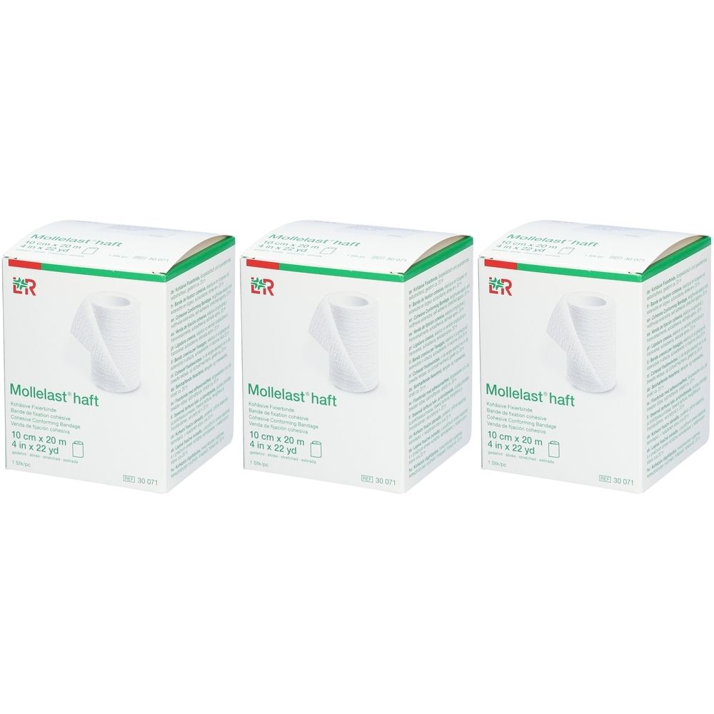 Drei Packungen Mollelast haft Fixierbinde. Jede Packung zeigt eine Rolle Verband. Aufschrift: 10 cm x 20 m.