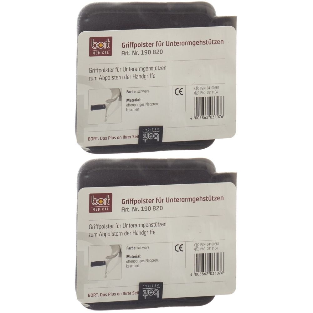 Zwei schwarze Griffpolster für Unterarmgehstützen. Auf der Verpackung steht "Bort Medical". Artikelnummer 190 820. CE-Kennzeichnung.
