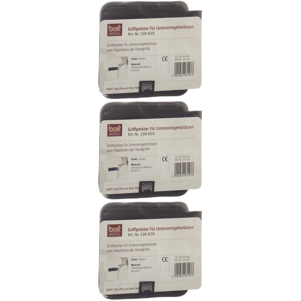 Drei schwarze Griffpolster mit Verpackung. Auf der Verpackung steht "Griffpolster für Unterarmgehstützen". CE-Zeichen.