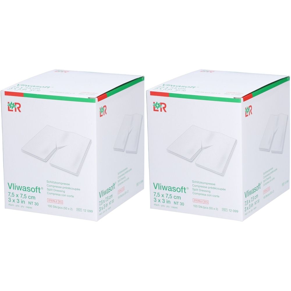 Zwei weiße Kartons mit grünen und roten Akzenten. Aufdruck: Vliwasoft 7,5 x 7,5 cm. Abbildung einer Kompresse.
