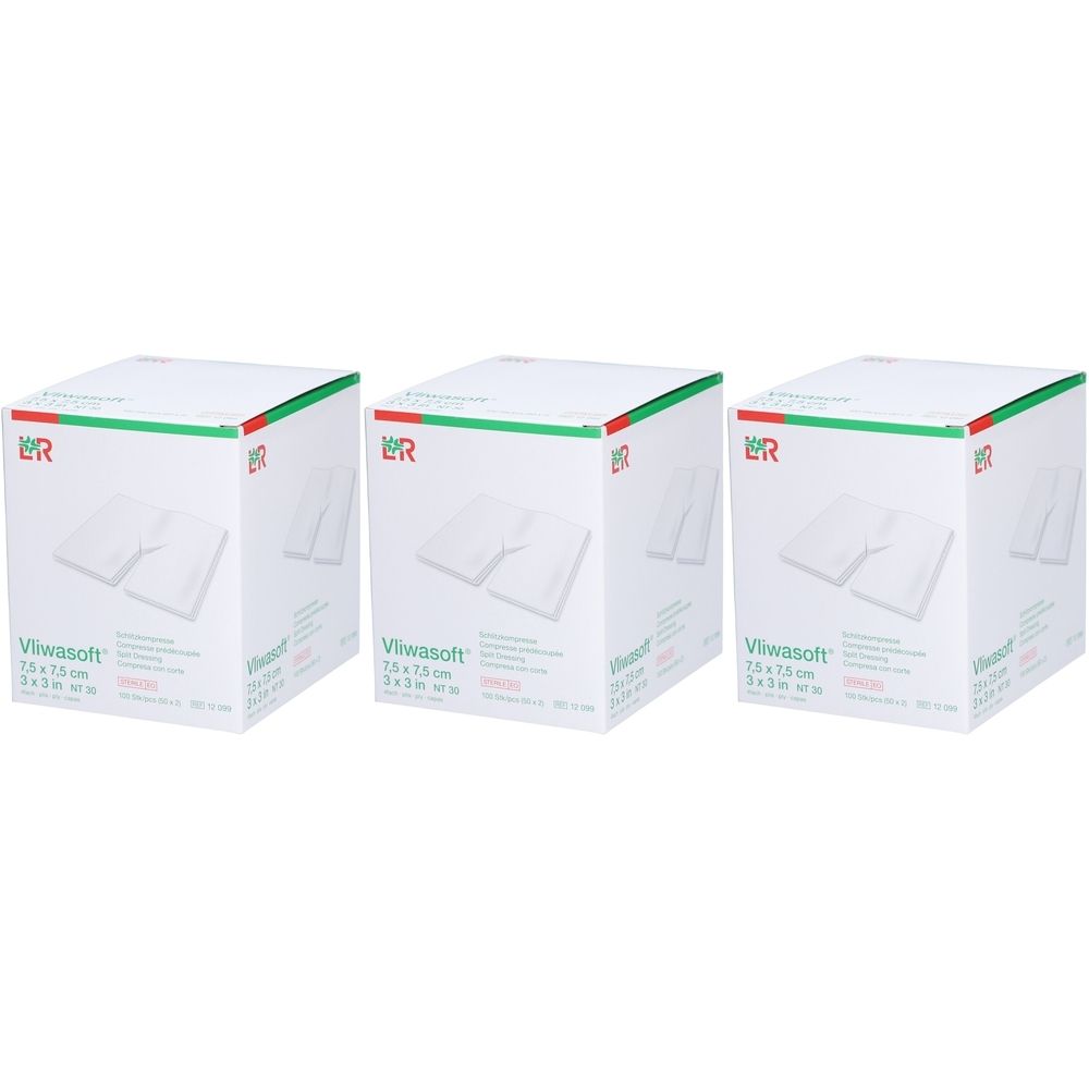 Drei weiße Kartons mit grünen und roten Akzenten. Aufdruck: Vliwasoft 7,5 x 7,5 cm. Gezeigt werden Kompressen.