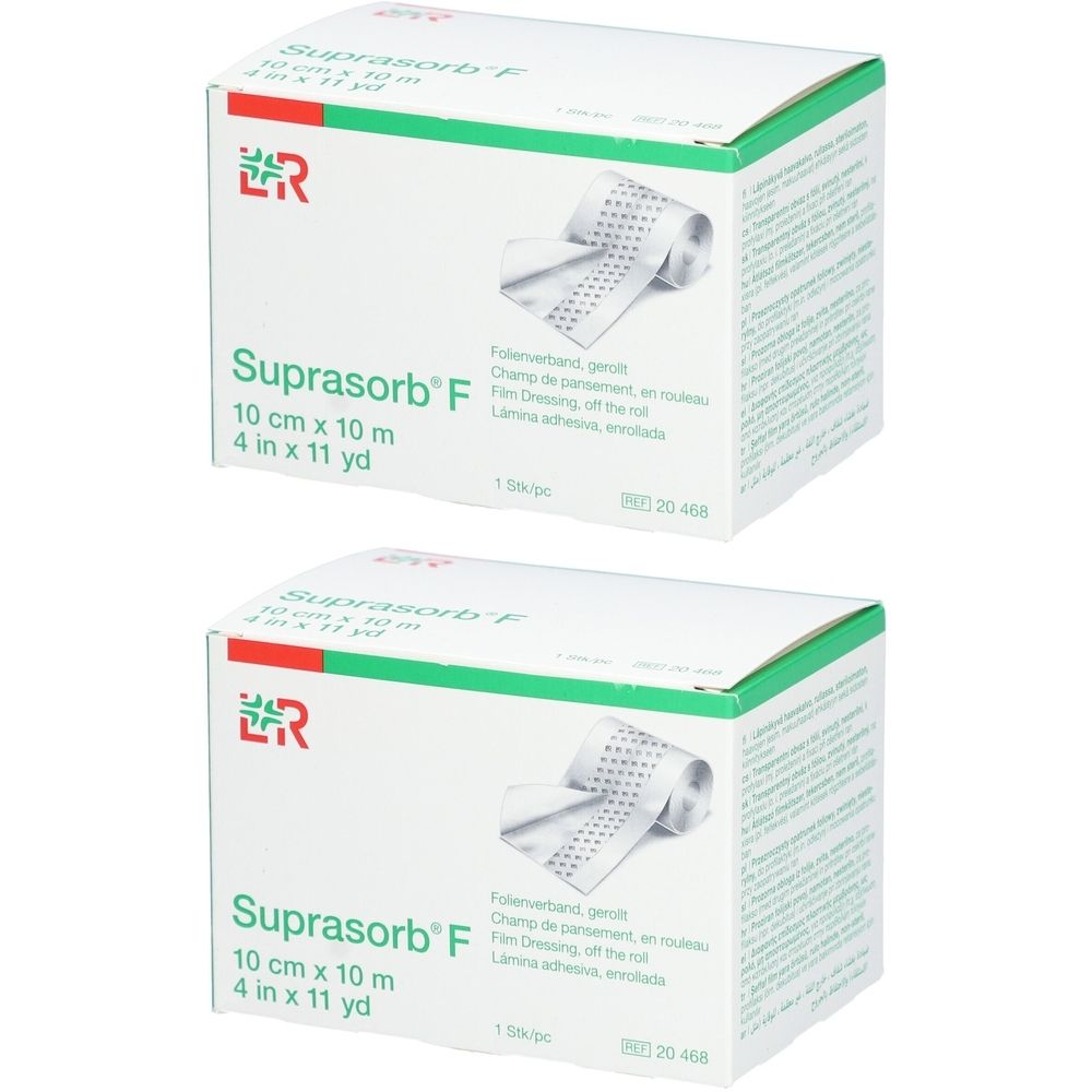 Deux boîtes Suprasorb F. Inscription : 10 cm x 10 m. Emballage vert et blanc avec image du produit.