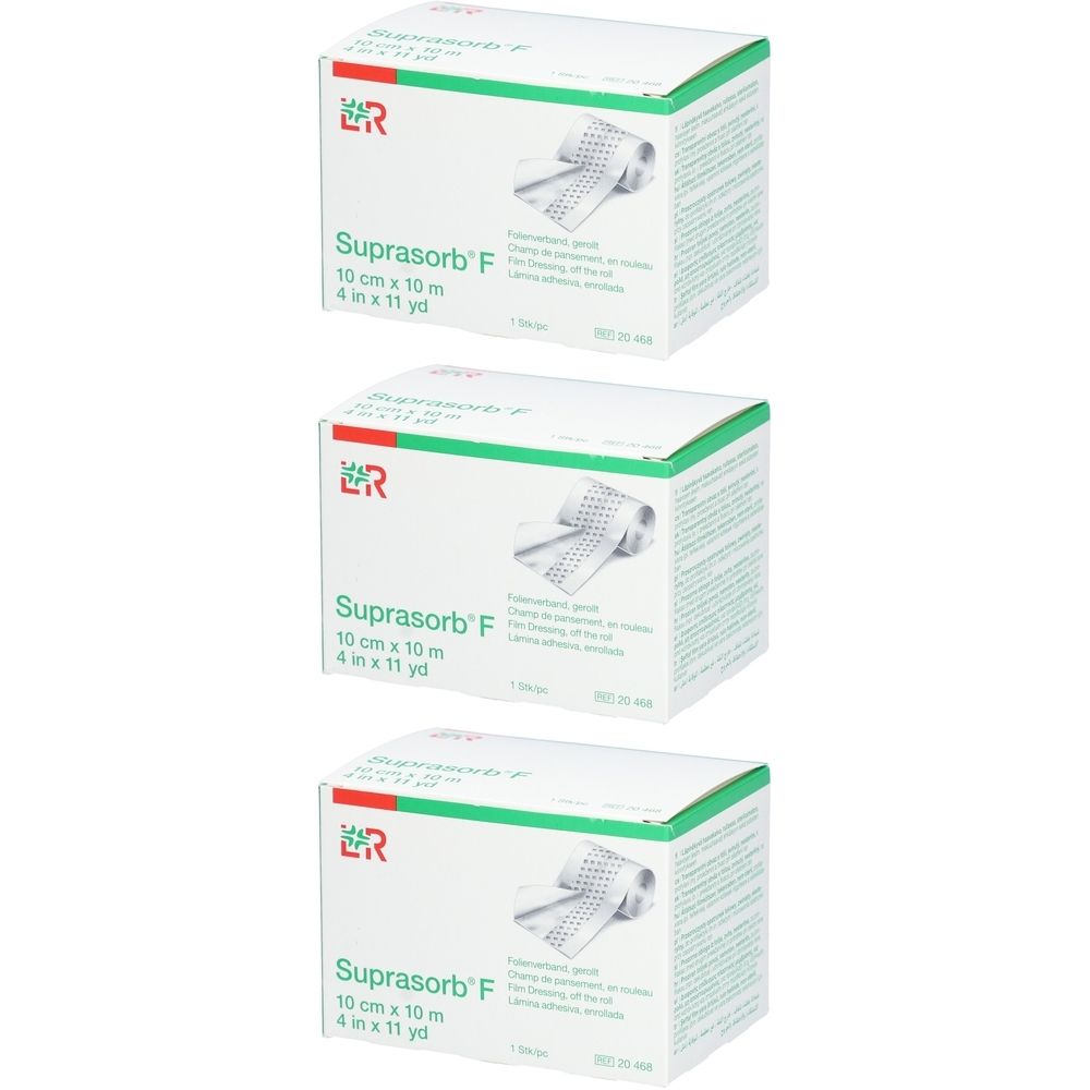 Trois boîtes de Suprasorb® F. Inscription : 10 cm x 10 m. Illustration du produit sur l'emballage.