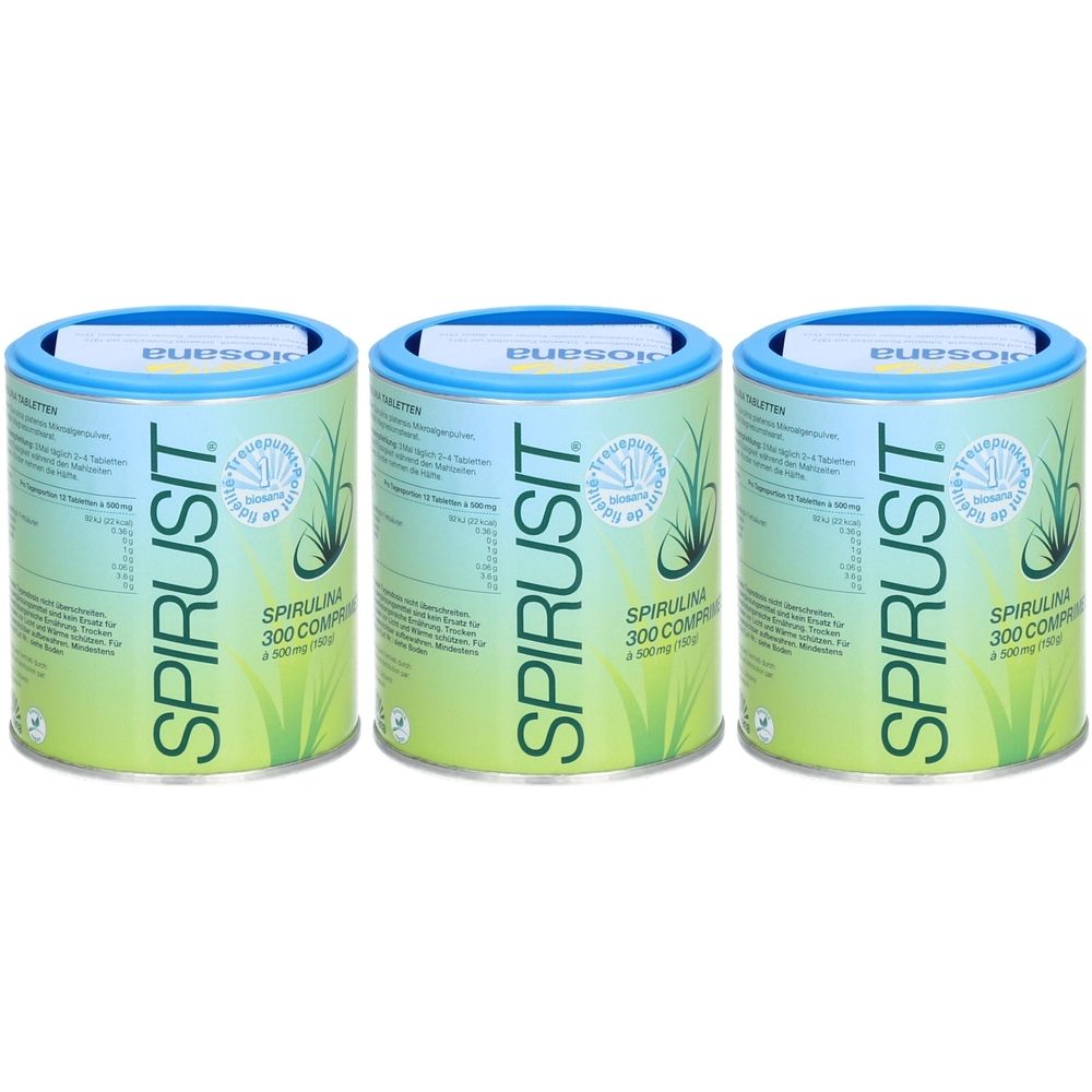 Drei Dosen SPIRUSIT. Zylindrische Dosen mit blauem Deckel und grüner Aufschrift. Aufschrift: SPIRULINA 300 compresse.