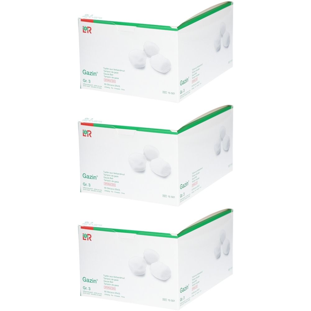 Drei Kartons Gazin® Tupfer, pflaumengroß, steril Gr. 3. Aufdruck: ER-Logo, Produktname, Größe, Steril-Hinweis.