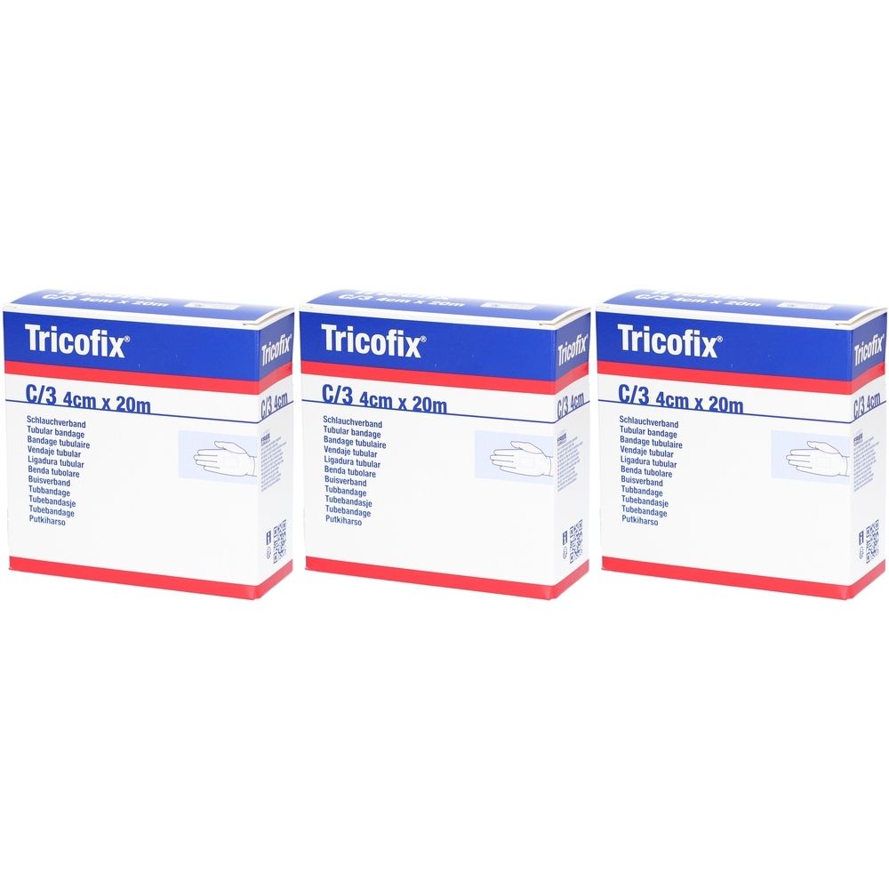 Trois boîtes de bandage tubulaire Tricofix®. Chaque boîte affiche le nom de la marque, la taille C/3, 4cm x 20m et une illustration de main.