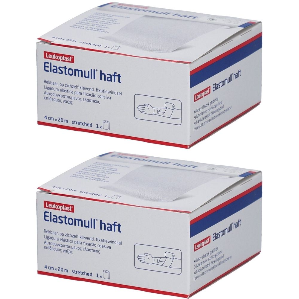 Deux boîtes d'Elastomull haft. Inscription : Leukoplast, 4 cm x 20 m. Illustration d'un bandage. Emballage blanc, rouge et bleu.