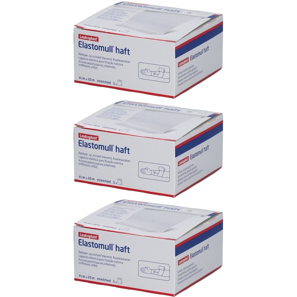 Trois boîtes d'Elastomull haft. Inscription : 4 cm x 20 m, LeukoPlast. Emballage avec bandes bleues et rouges.