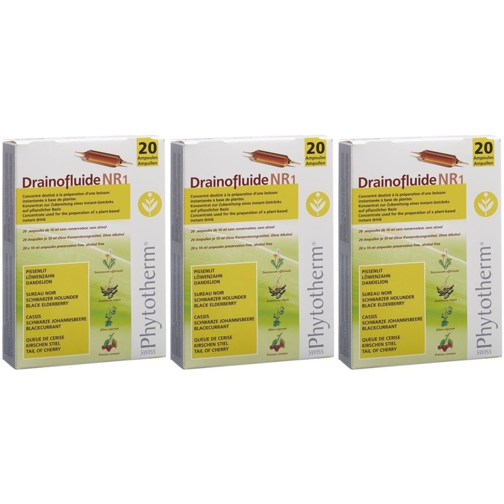 Drei Kartons mit der Aufschrift Drainofluide NR1. Auf jedem Karton sind 20 Ampullen abgebildet. Der Markenname Phytotherm ist sichtbar.