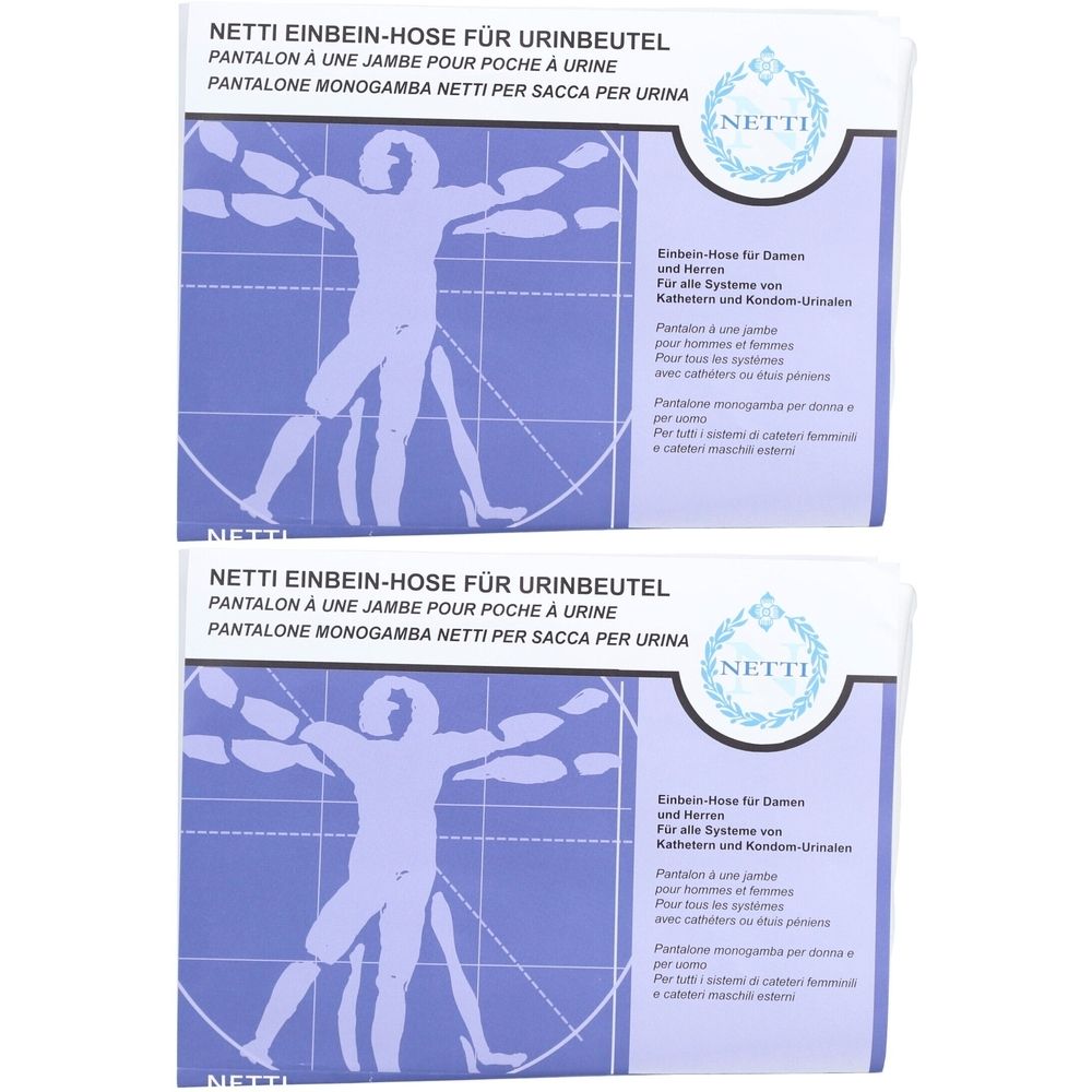 Deux emballages de Netti Einbein-Hose pour poche à urine. Inscription : Netti, Pantalon à une jambe pour poche à urine, Pantalone monogamba Netti per sacca per urina.