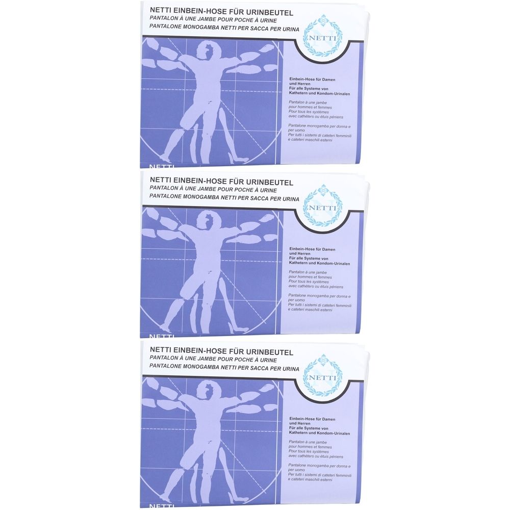 Trois paquets de Netti Einbein-Hose pour poche à urine. Emballage bleu avec texte et illustration d'un homme. Logo Netti.