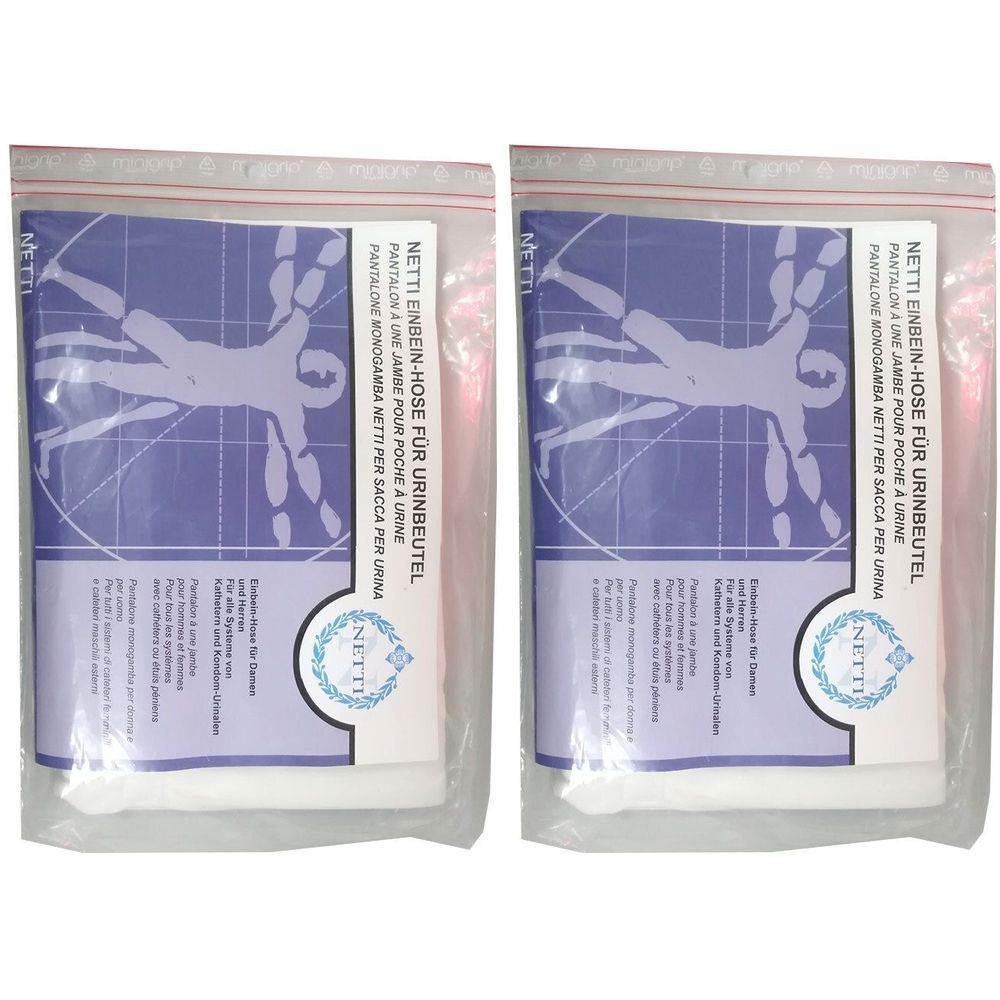 Zwei verpackte NETTI Einbein-Hosen für Urinbeutel. Jede Packung enthält ein weißes Produkt mit blauem Etikett und Text.