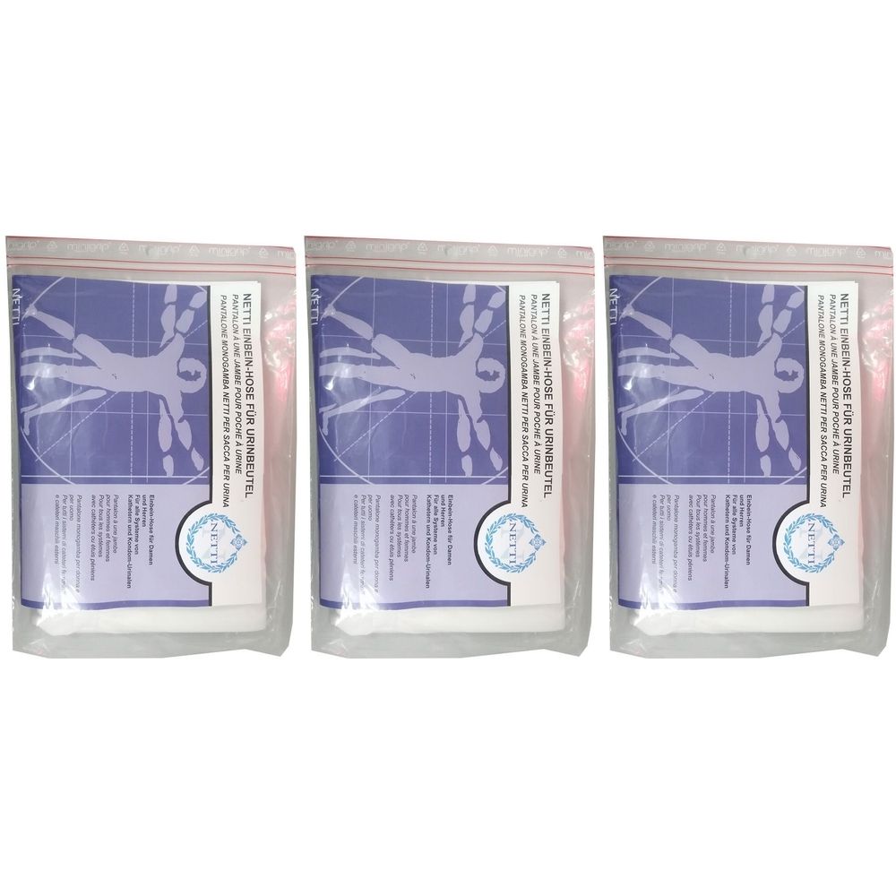 Drei verpackte NETTI Einbeinige Hosen für Urinbeutel. Jede Packung hat ein blaues Etikett mit Text und einem menschlichen Umriss.