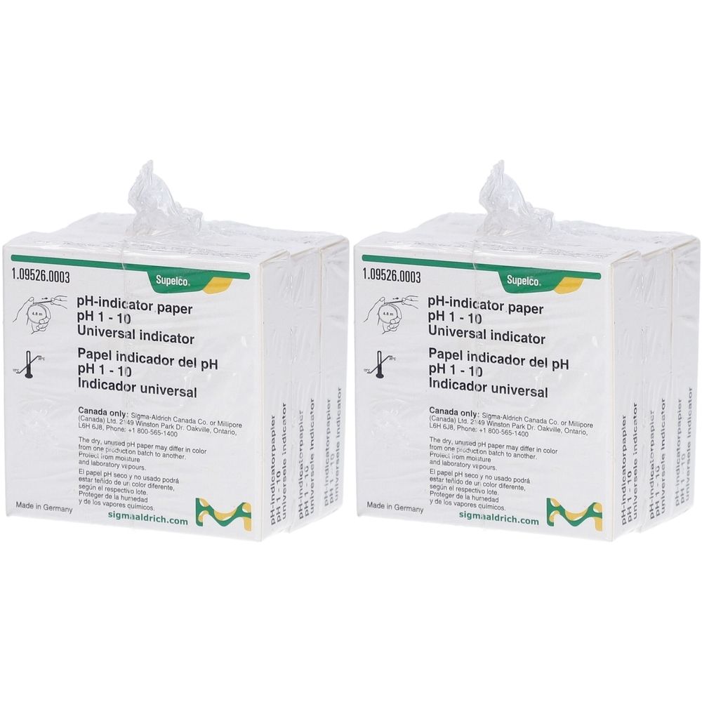 Deux boîtes carrées de papier indicateur de pH pH 1-10. Inscription : pH-indicator paper, Universal indicator. Marque : Supelco.
